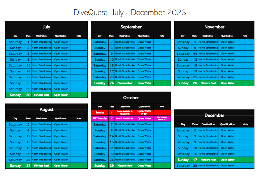 Dive Quest Calendat July to December 2023